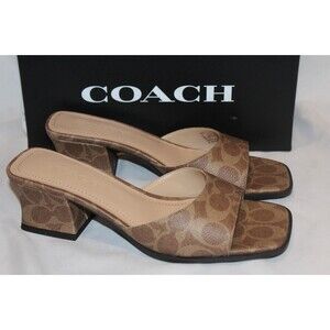 Coach Sculpted C Block Heel In Signature Canvas TAN SZ 8 NIB